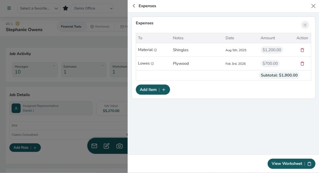 RoofIT expenses panel showing material and vendor expense entries with amounts and subtotal, showing the importance of integrating accounting software with crm​ tools