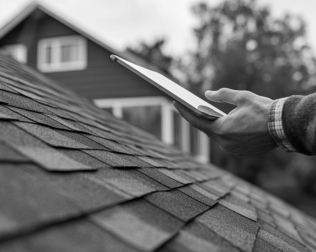Hand holding a tablet over an asphalt shingle roof with a house in the background